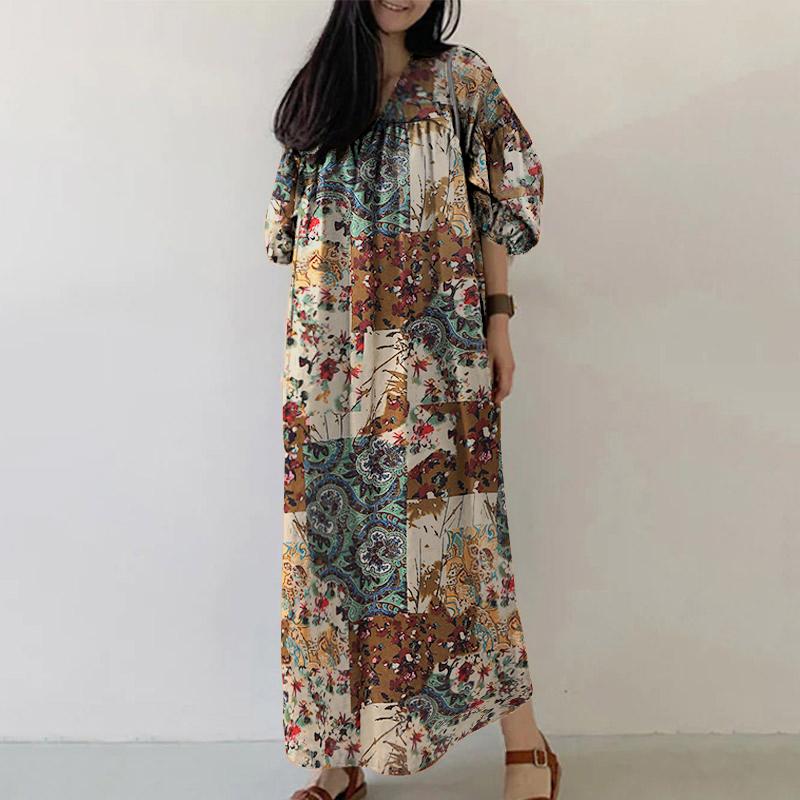 ZANZEA Women Summer Print Casual V-Neck Loose 3/4 Sleeve Long Dress