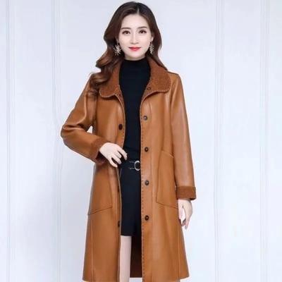 Eleganter schlankmachender Fleece gefütterter dicker warmer Mama Mantel Damen mittelang über dem Knie Kunstleder Trenchcoat
