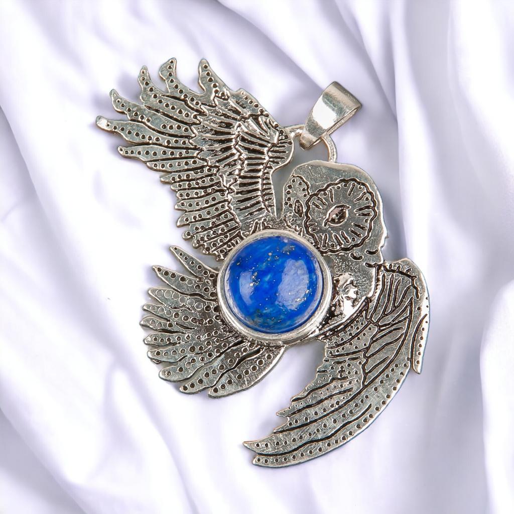 925 Sterling Silver Multi Gemstone Owl Designer Good Luck Jewelry Pendant 1.3" CP-16