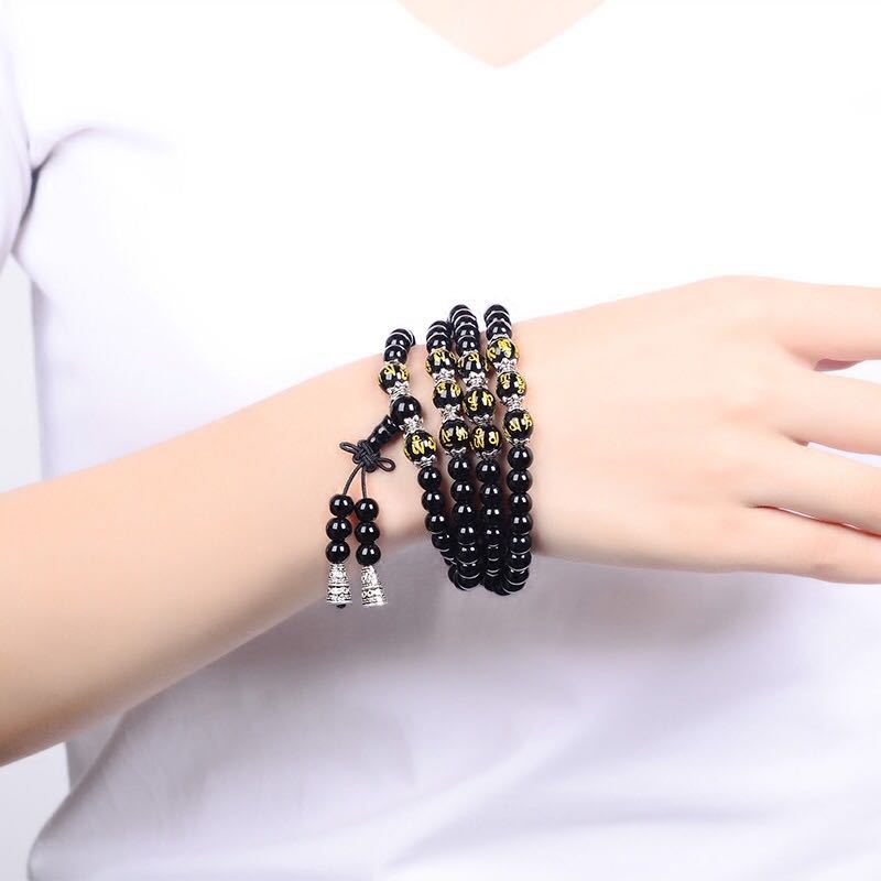 Lucky Gift 108 Mala Beads Six Words Mantra Obsidian Onyx Meditation Yoga Stone Bracelet Necklace Amulet Bracelet&Bangles Jewelry