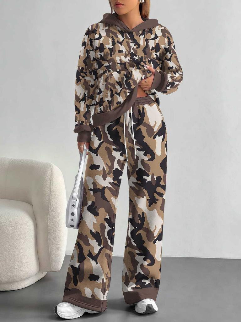 European, American Autumn And Winter Blue Splicing Flower Casual Long-Sleeved Suit Women'S Hooded Sweater Trousers Two-Piece Set