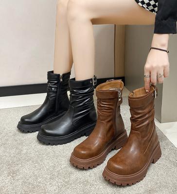 Bottines Chelsea à plateforme pour femmes, cuir PU, nouvelles bottines de cheville mode automne hiver, bottes Marton plissées rétro, dames Zapatos Mujer