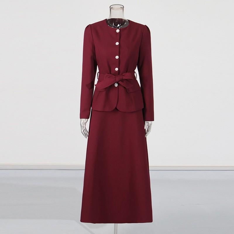 Fashionable Casual Round Collar Single-breasted Lace Top Temperament Slim High-waist Skirt Suit Women s S