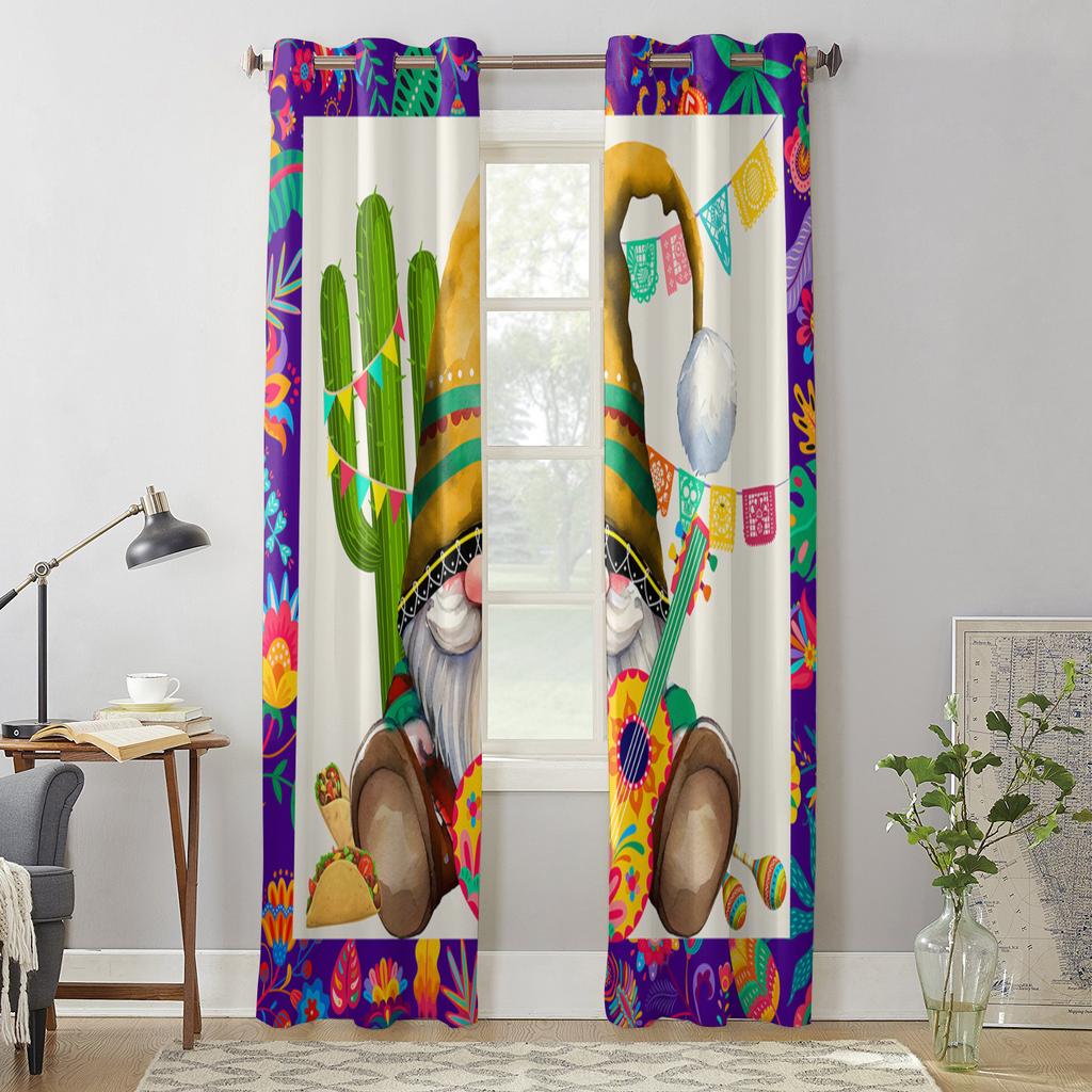 Mexican Midget Cactus Guitar Curtains for Bedroom Living Room Window Curtain Treatments Blinds Kitchen Home Decor Drapes
