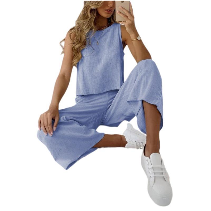 Amazon's popular 2024 summer new cotton and linen suit European and American sleeveless top nine-point wide-leg pants two-piece set for women
