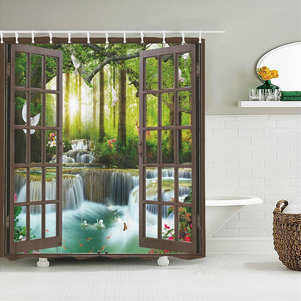 

Лесной природный пейзаж Шторки для душа 3D печать Занавески для ванны Полиэстер Стирающаяся ткань С крючками Домашний декоративный экран 90x180cm-35x70in