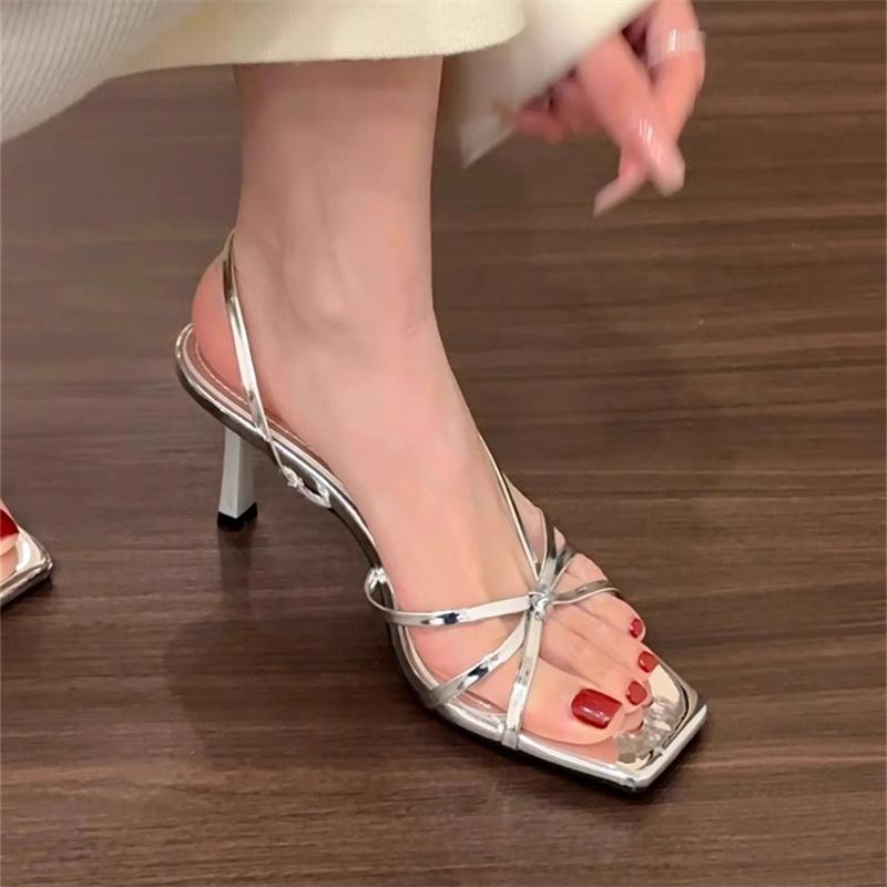 Fashion New Fashion Women's Summer Narrow Band Heel Sandals Women Thick Heel  Ankle Strap Fashion Square Toe Ladies Dress Zapatos Mujer