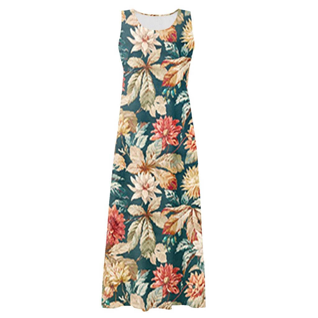 Fashion Summer Casual Comfortable Flower Print Sleeveless Cotton With Pocket Beach Dress For Women