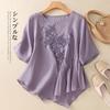 New Summer Retro Loose Embroidered Cotton Linen T-shirt Top Round Neck Shirt