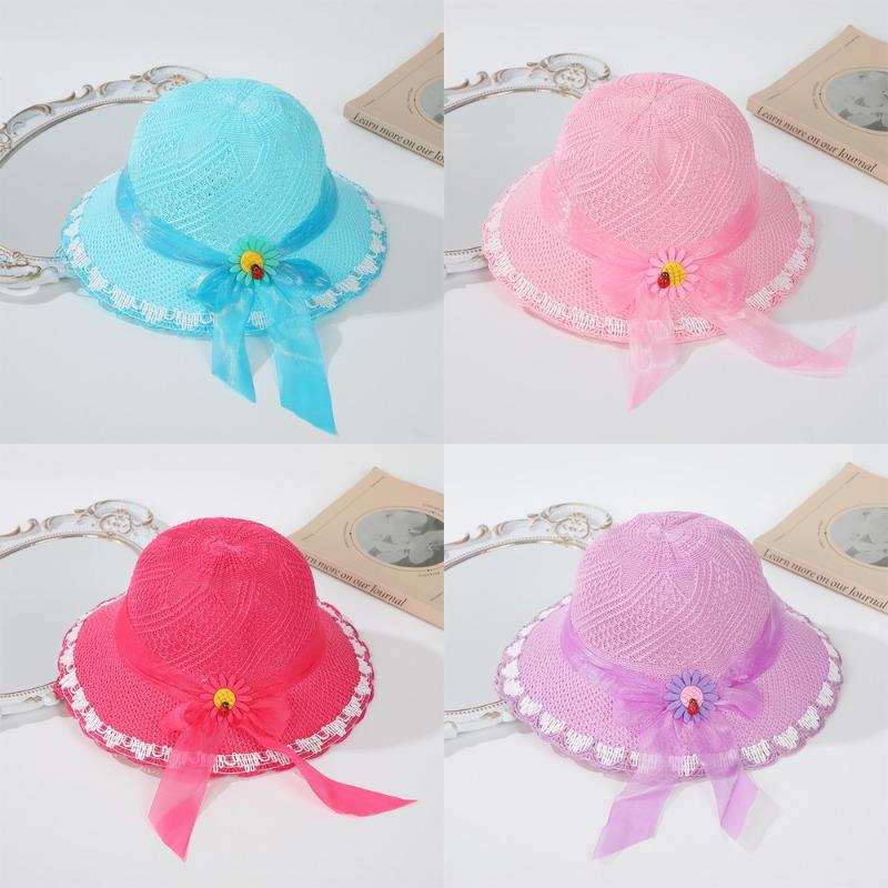 Summer sweet baby outing hat colored mesh flower bow cute outdoor sunshade breathable hat