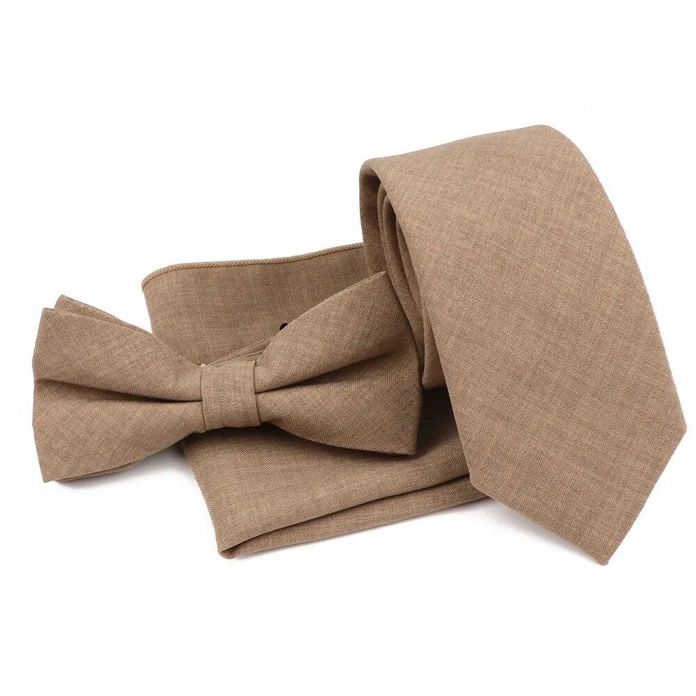 Men Fashion Solid Color Cotton Tie Bowtie Handkerchief Set Wedding Party Butterfly Necktie