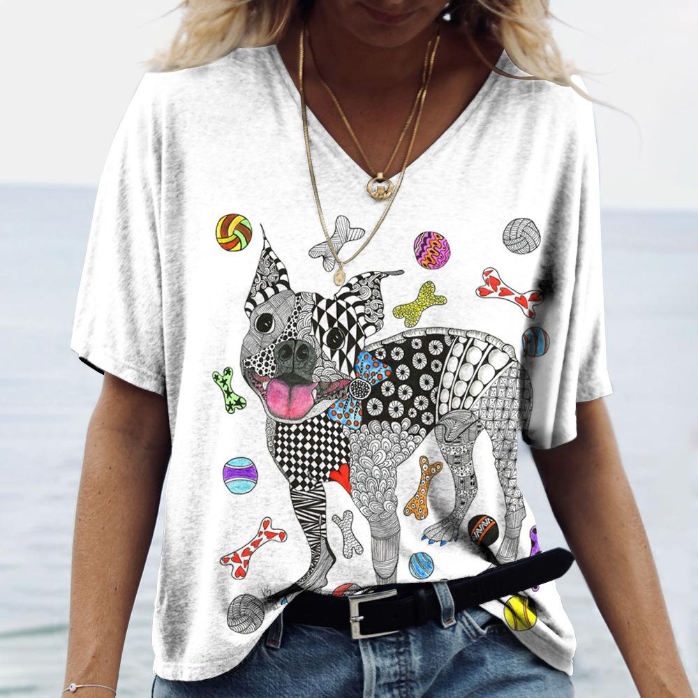 Summer V-neck 3D Dog Printed Top Fashionable Casual Short Sleeved Women's T-shirts