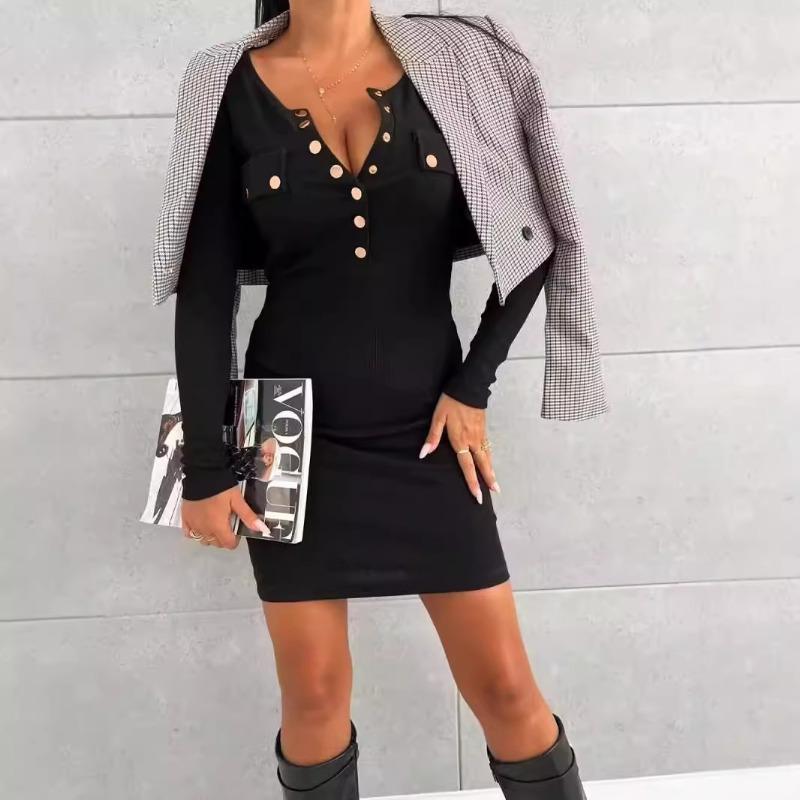 Abito girocollo a maniche lunghe con bottoni da donna autunno e inverno