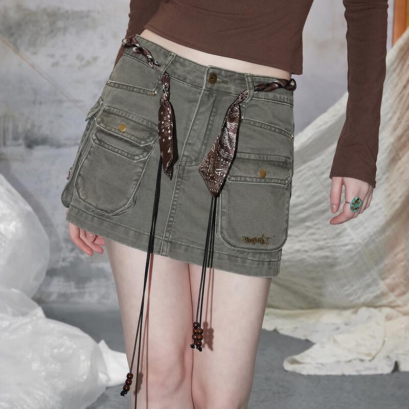 UNIFREE Retro Workwear Multi-Pocket Washed A-Line Skirt