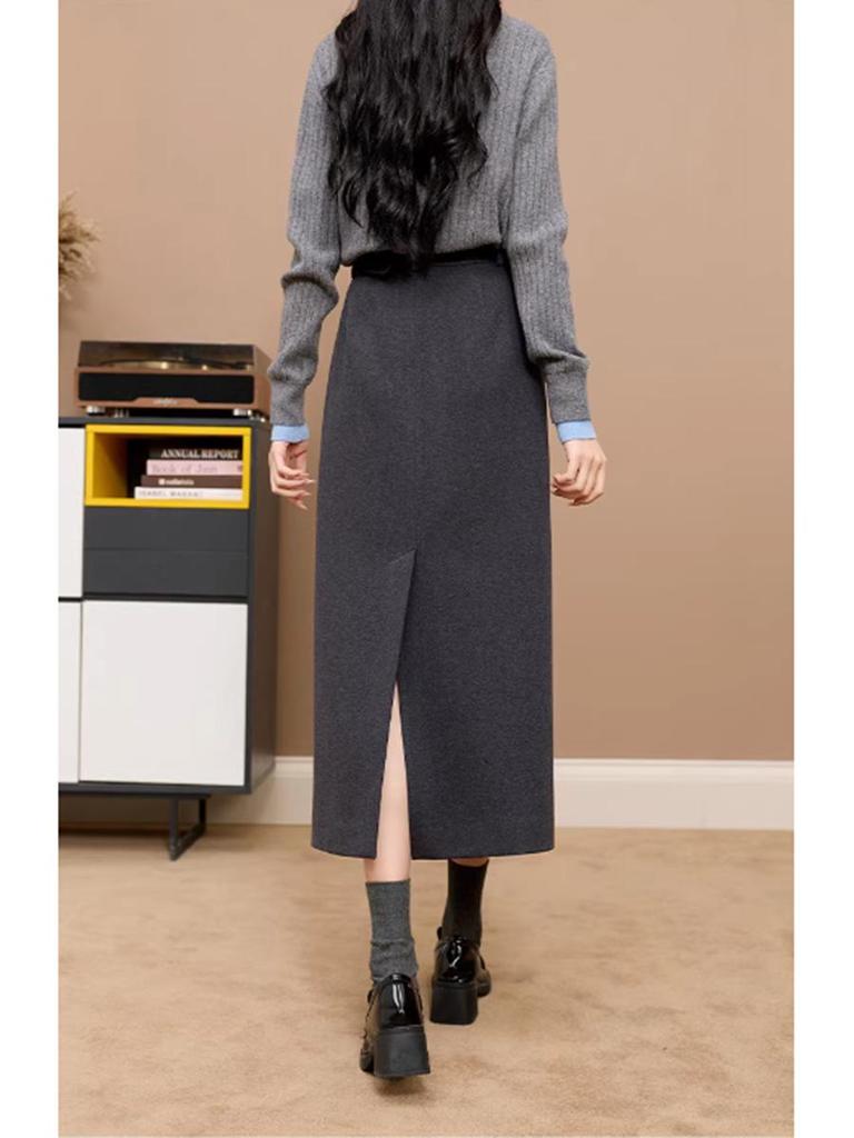 Fulan 2025 Winter Knit Slit Midi Skirt D404QZ101Q00D