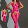 Women Halter Strap Heart Pattern See Through Mesh Open Crotch Sexy Lingerie Bodysuit
