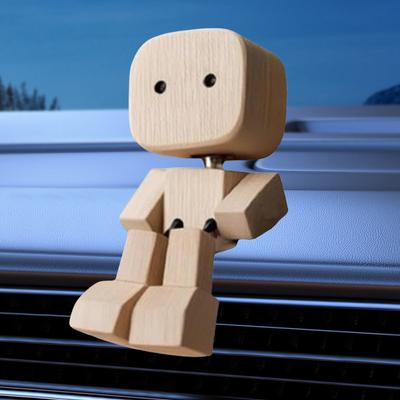 Shaking Wooden Man Figurine Car Decoration with Clip Shaking Feet Wooden Doll Leg-Swinging Robot Figurine Car Wood Ornaments