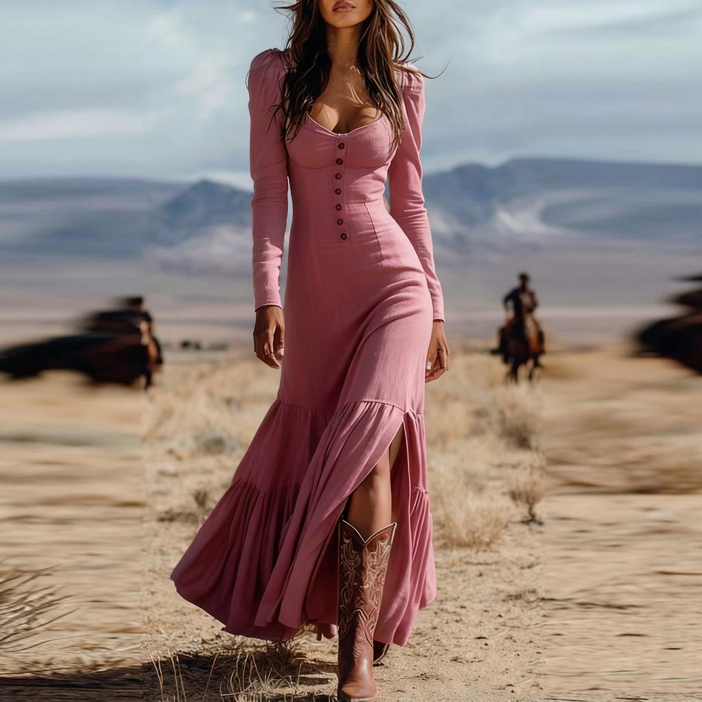 Women's Fashion Western Buttoned Gathered Long Sleeve Sexy Maxi Dress