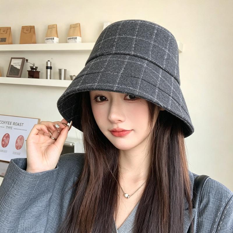 Autumn and winter plaid big eaves bucket hat advanced sense bow basin hat temperament versatile show face small hat women
