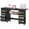 Folding Sewing Table on Casters, 2 Magnetic Doors, 4 Trays, 20 Hooks, 160 x 40 x 83 cm, Black