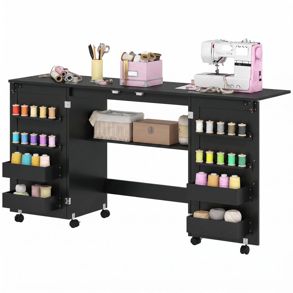Folding Sewing Table on Casters, 2 Magnetic Doors, 4 Trays, 20 Hooks, 160 x 40 x 83 cm, Black