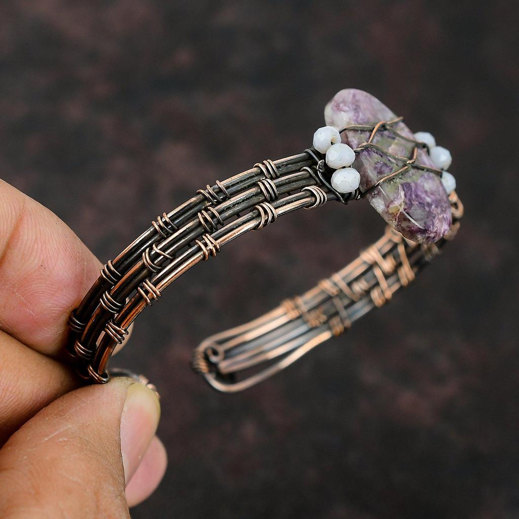 Charoite Cuff Bracelet Blue Lace Agate Beads Bangle Wire Wrap Jewelry Adjustable Bangle Copper Wire Wrapped Bangle Handmade Gemstone Jewelry