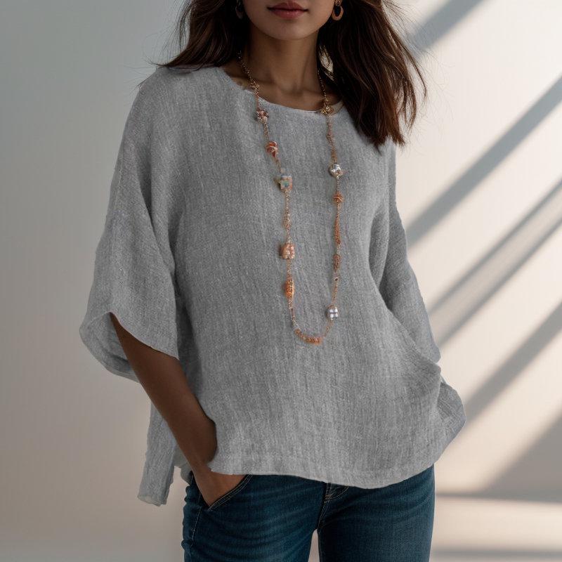 Women's Retro Cotton Linen Seven-Sleeve Shirt - Round Neck Top