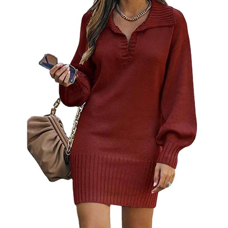 Lapel Lantern Sleeve Women's Mid-length Sweater Skirt, Autumn and Winter Warm Gray Temperament Solid Color Knitted Long Skirt