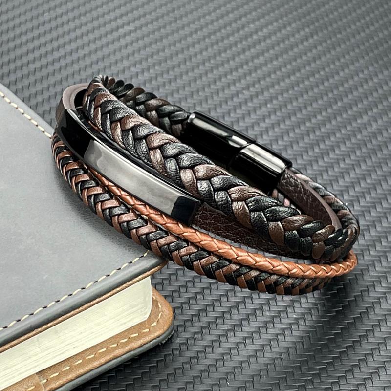 Fashion Charm Brown Men Bracelet Multilayer Leather Bracelet Punk Jewelry Stainless Steel Magnetic Clasp Bangles Boho Bracelet