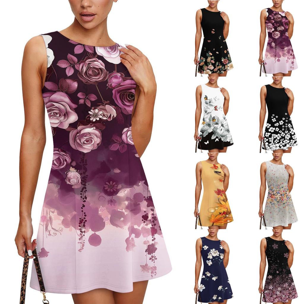 Women's Fashionable Casual Printed Sleeveless Round Neck Dress Sleeveless Round Neck Dress