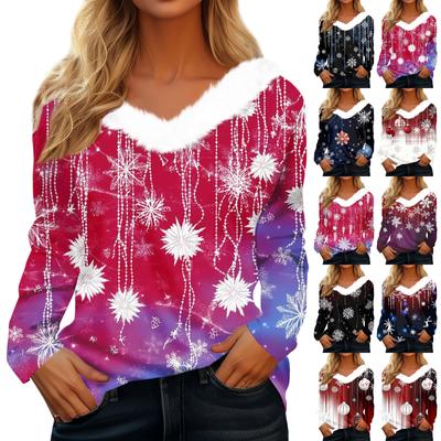 Women's Long Sleeve Christmas Printed Party Plush Neck Wide Casual V-Neck Top