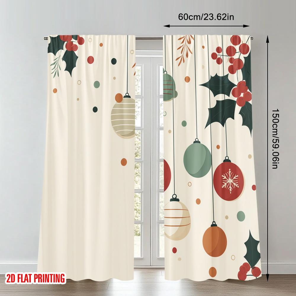 2pcs 2D Flat Printing Merry Christmas Curtains Christmas Ornament Holly Festive Digital Printed Polyester Drapes Birthday Party