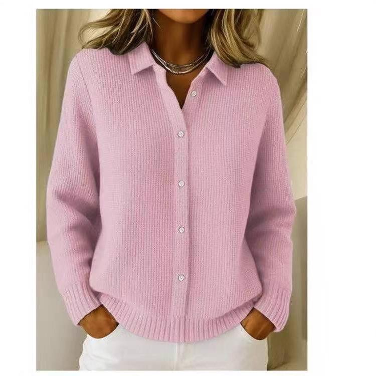 Women's Solid Color Casual Fashion Button Knitted Long Sleeve Lapel Sweater Cardigan Jacket