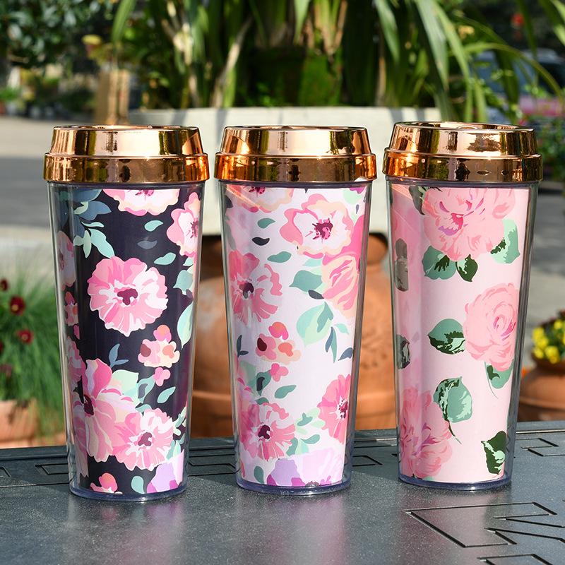 Double Layer Thickened Coffee Cup Insert Card Flower 16Oz Plastic Water Cup Heat Insulation Portable Water Cup