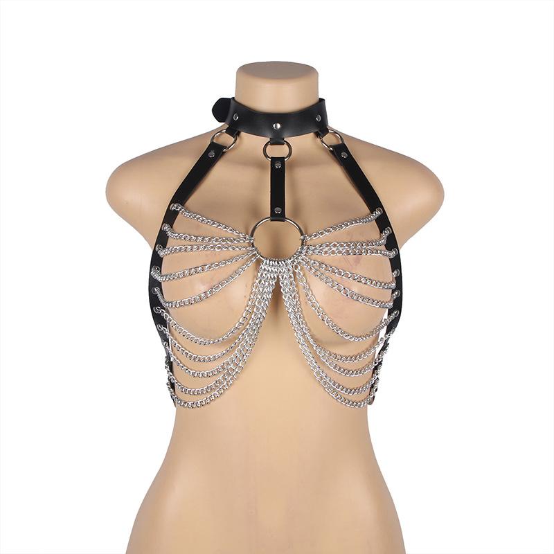 Black Wild Leather Boobs Punk Belt Sexy Tassel Chain Bondage Strap SM Sexy