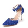 Blue Lace Beaded Flowers Wedding Shoes One-line Wristband Bride Shoes Thin Heel Pointed Sandals Stage Performance Shoes for Women