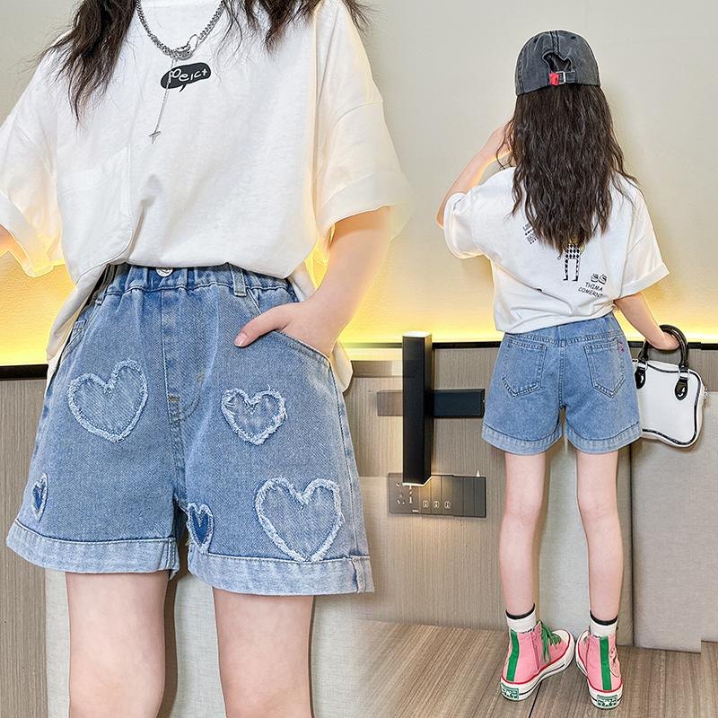 Girls' Summer Versatile Love Denim Product Summer Thin Fashion Jeans Casual Sports Shorts