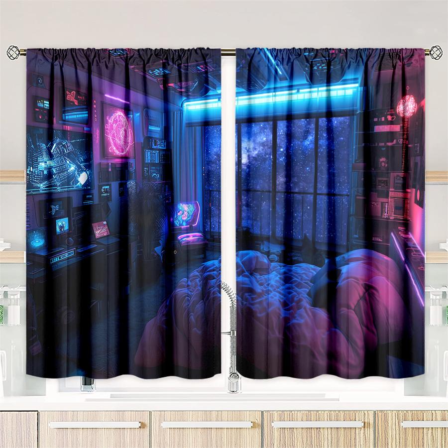 

2 шт. - Шторы Cyberpunk из полиэстера для продвинутых игроков, шторы с кулиской 42*84, для спальни, гостиной, украшение домашней комнаты 29Wx64L(75x166CM)x2