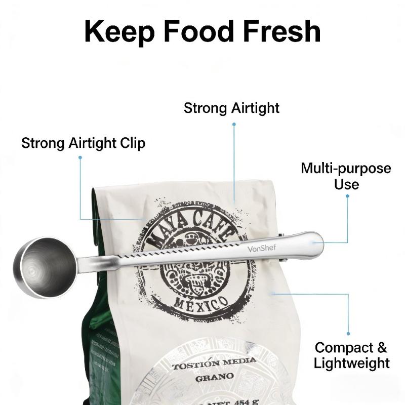 Colher Dosadora Multifuncional de Aço Inoxidável para Café com Clipe para Saco, Colher Seladora para Chá Café, Gadget e Acessórios de Cozinha