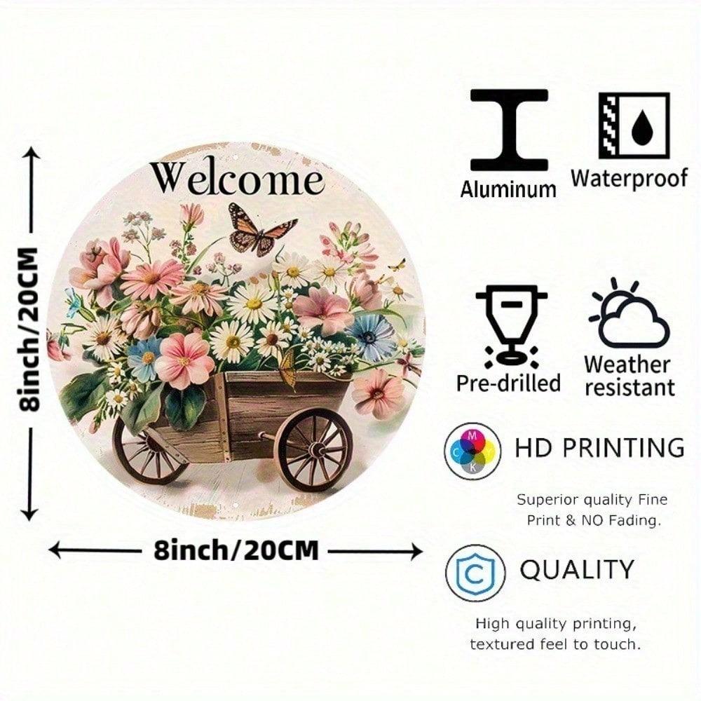 1pc 8x8 Inch Fantasy Animal Round Welcome Sign Waterproof HD Printed Floral Butterfly Door Hanger Wall Decor