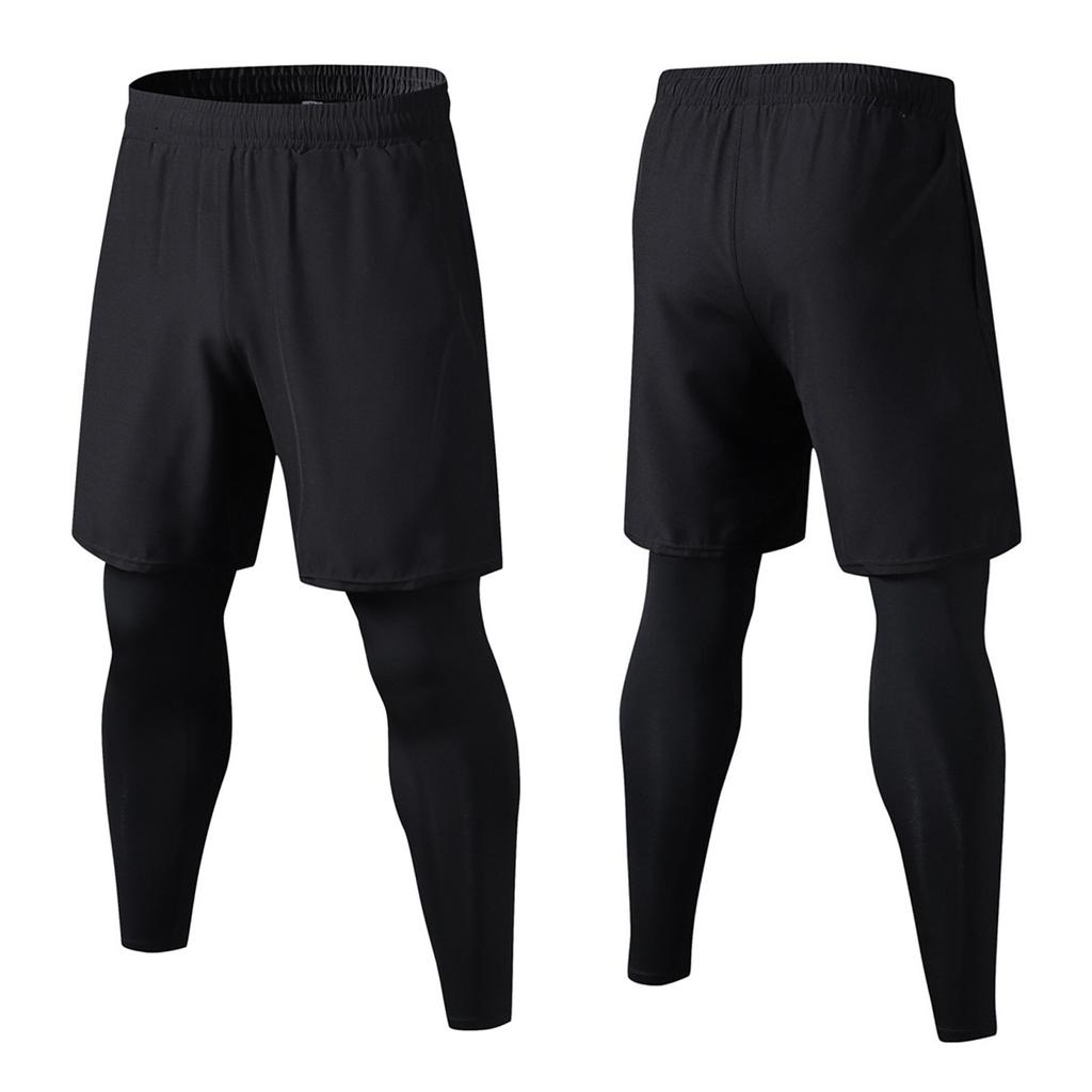 Black Men's Fake 2 Piece Pants Training Elastic Quick Drying 2 in 1 Gym Leggings Pants for Exercise
