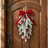 Reusable Christmas Party Supplies Flocked Teardrop Swag for Front Door, Artificial Pine with Red Holiday Gift Home Berries Velvet Bow, Snowy