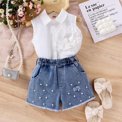 Girls Fashion Suit Summer Kids Sleeveless Top Denim Beaded Shorts Suit