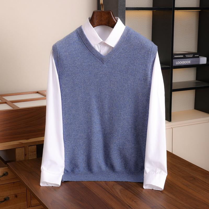 Men's 100% Cashmere Vest Business Casual Knitted Sleeveless V-Neck Jumper Loose Pull Over Top Pullover Cashmere Sweater