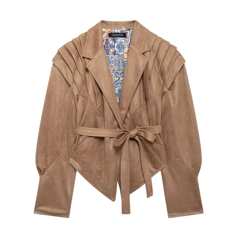 Kaslead New Arrival Women's Clothing Fashion Style Fashion Minimalist Waist Trimming Lace Up Suede Fabric Jacket Outwear