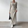 Vestido de Suéter Feminino de Outono Manga Longa Decote V Tricô Canelado Vestido Maxi