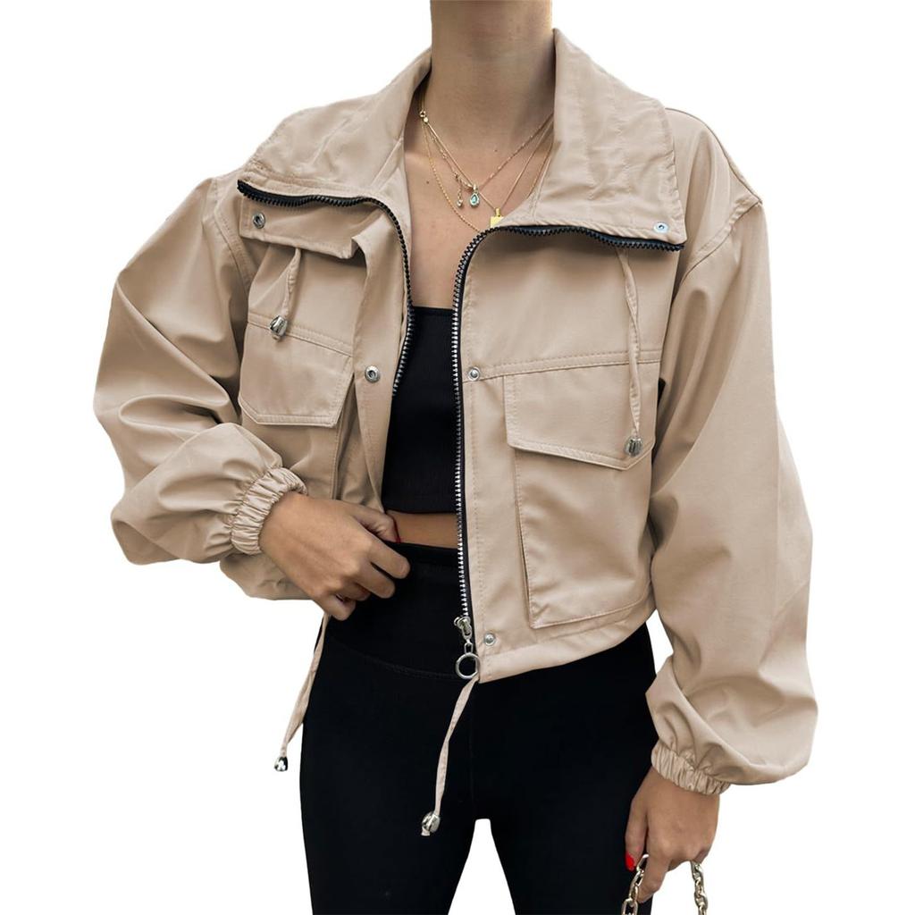 Women's Fashionable Solid Color Long Sleeved Pocket Short Jacket With Zipper Windbreaker Jacket