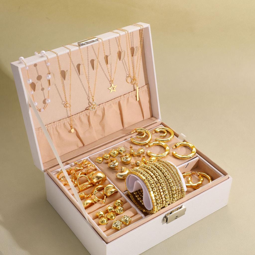 Elegant Vintage Jewelry Set for Women Gold Color Necklaces Earrings Irregular Rings Bead Bracelet Daily Wear Jewelry Gift No Box