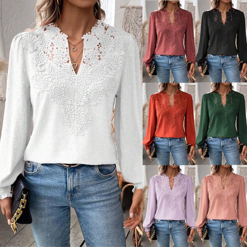 Women Solid Color Long Sleeve Top Luxury Lace Hollowed V-Neck Shirt Office Lady Elegant Daily Blouse
