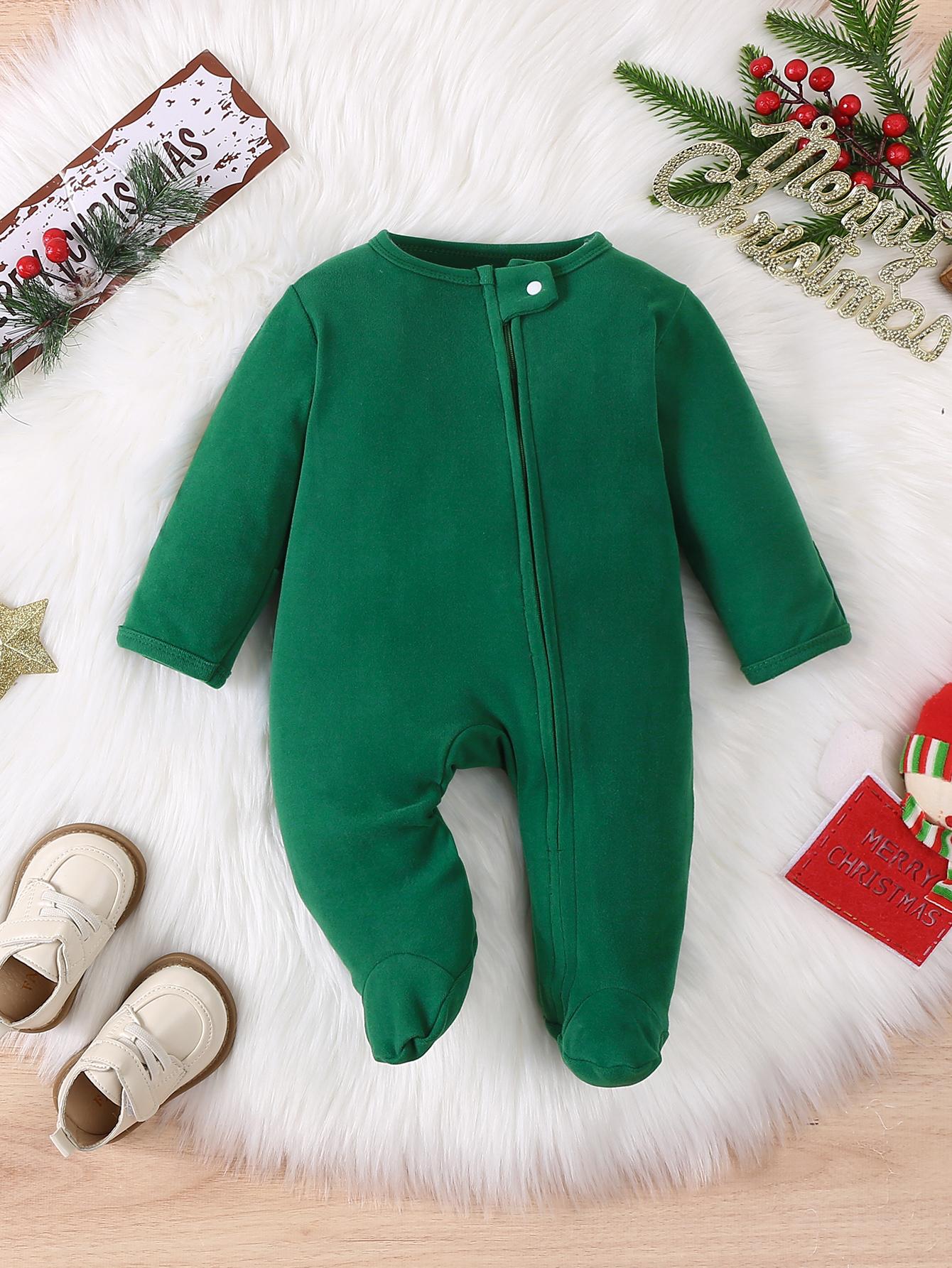 

Infant First Christmas Footed Onesie, Green Zipper Romper, Long Sleeve Baby Sleepwear for Holiday Photoshoot 80 брунька, зелений колір